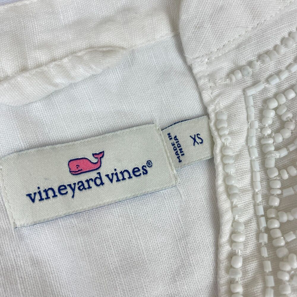 ~ Vineyard Vines XS Blouse Linen Cotton Beaded White Ivory Split Sleeve Hem Flaw - Picture 12 of 16